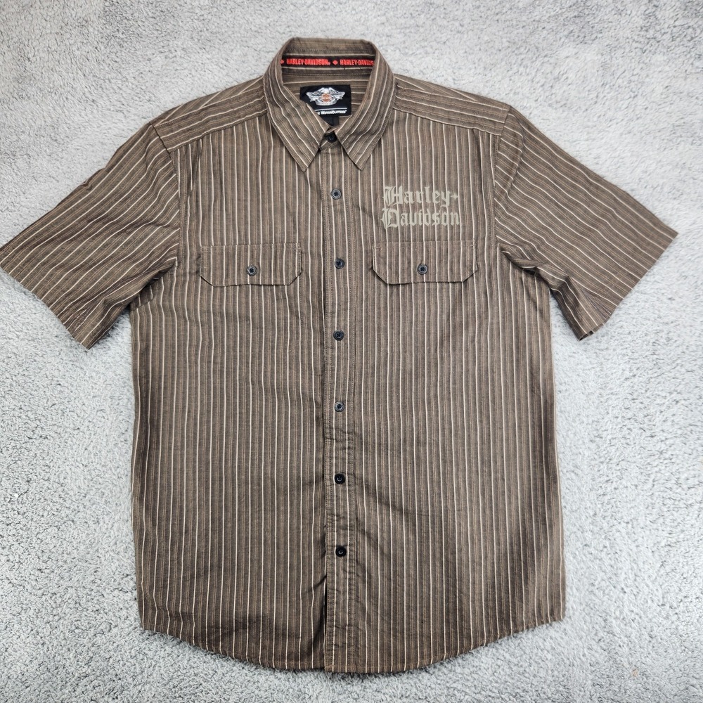 Harley Davidson Genuine Motorclothes Short Sleeve Button Up Mens L Brown Striped